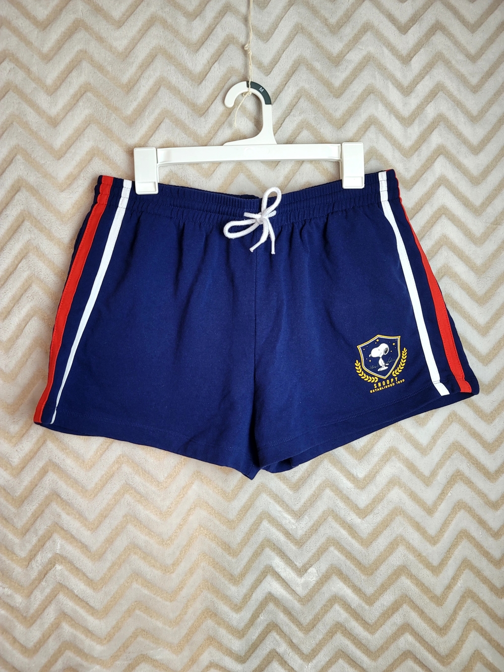 Peanuts Navy Athletic Shorts with Red & White Stripes